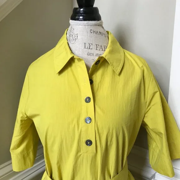CO Half Placket Belted Shirt Dress Womens Medium Citron Yellow Short Sleeve Midi